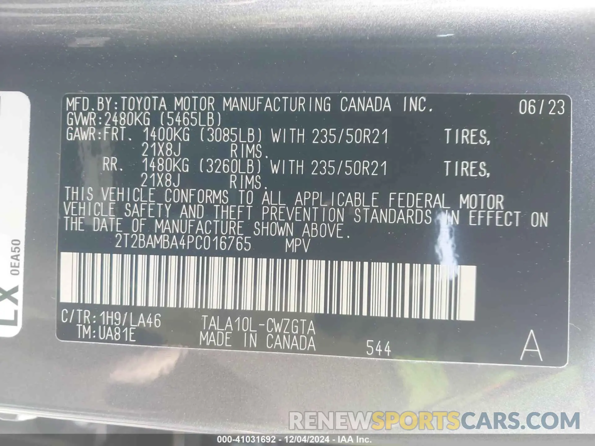 9 fotografías del automóvil dañado 2T2BAMBA4PC016765 LEXUS RX 350 2023