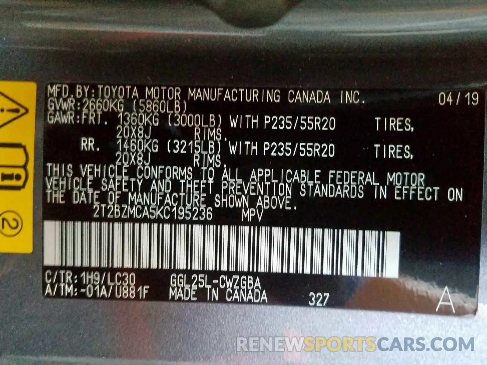 10 fotografías del automóvil dañado 2T2BZMCA5KC195236 LEXUS RX 350 BAS 2019
