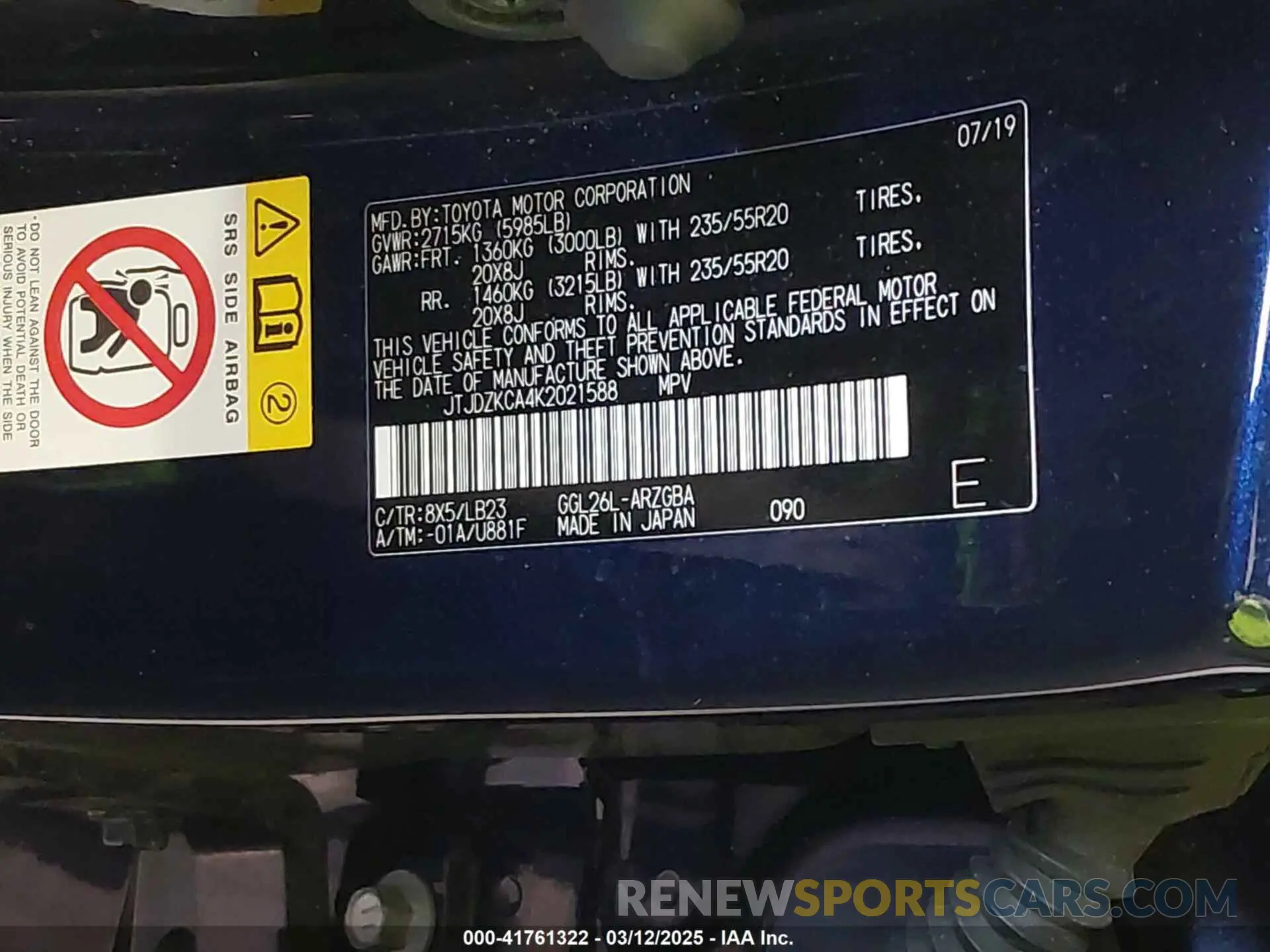 9 fotografías del automóvil dañado JTJDZKCA4K2021588 LEXUS RX 350L 2019