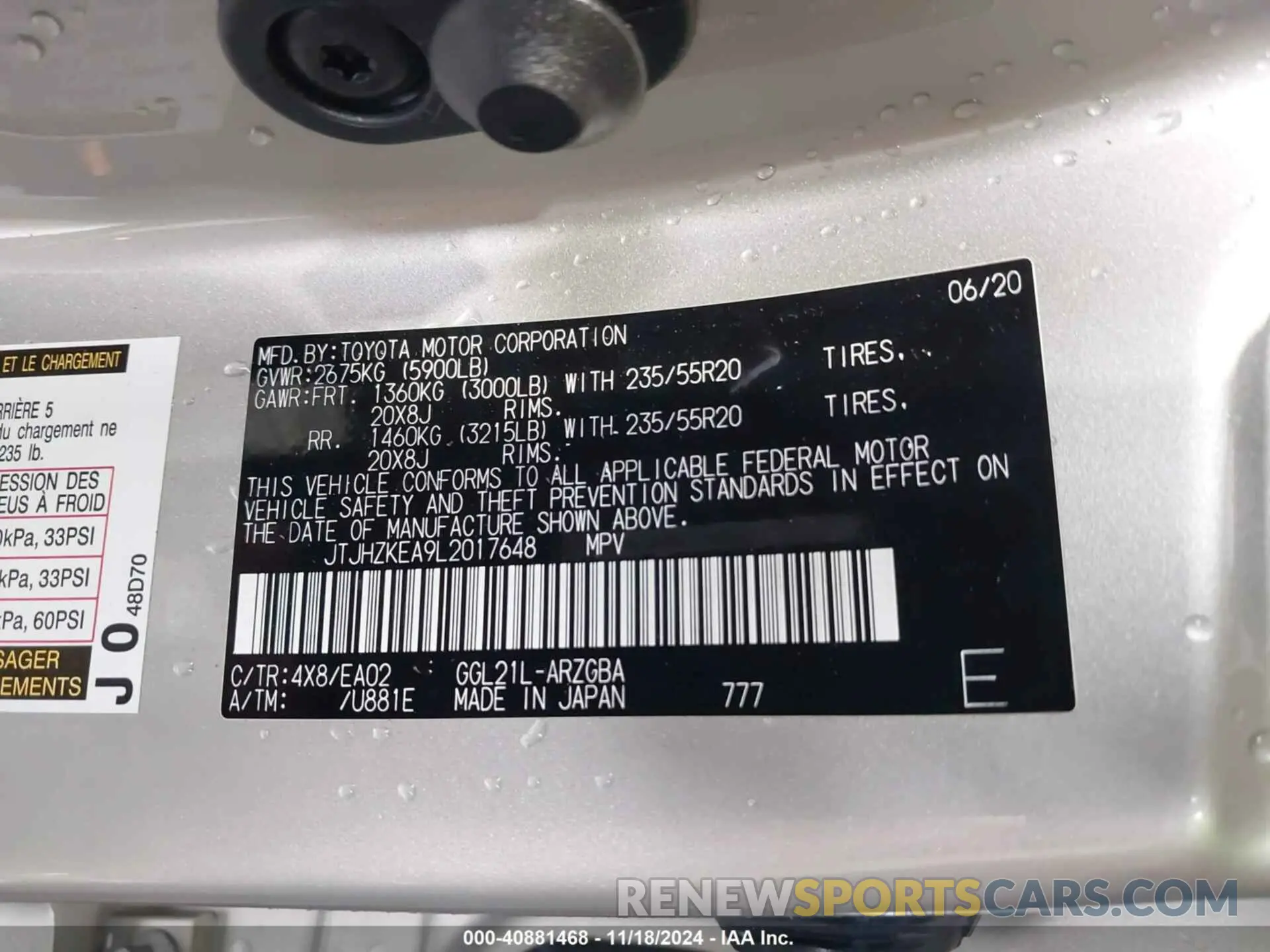 9 fotografías del automóvil dañado JTJHZKEA9L2017648 LEXUS RX 350L 2020