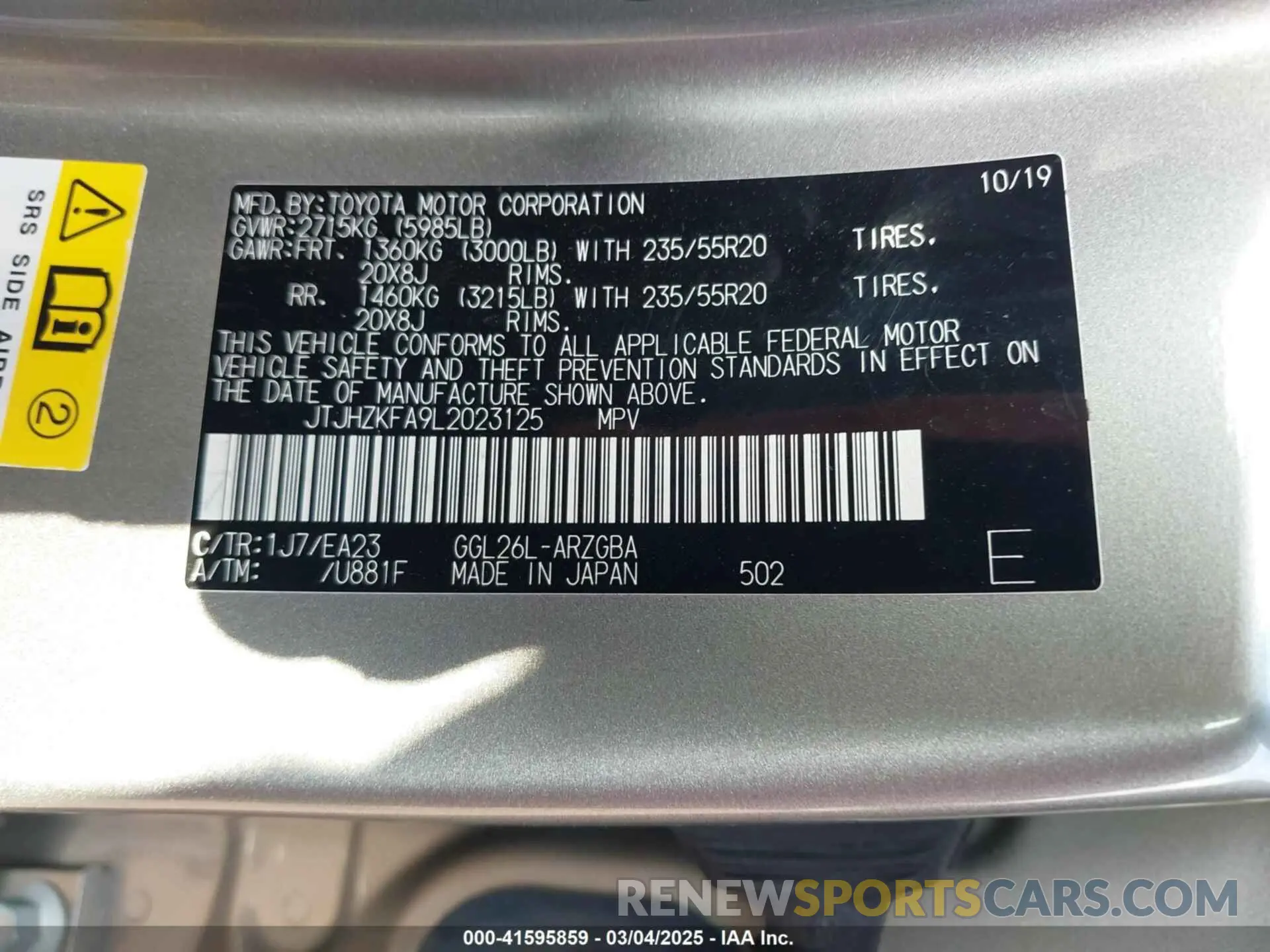 9 fotografías del automóvil dañado JTJHZKFA9L2023125 LEXUS RX 350L 2020