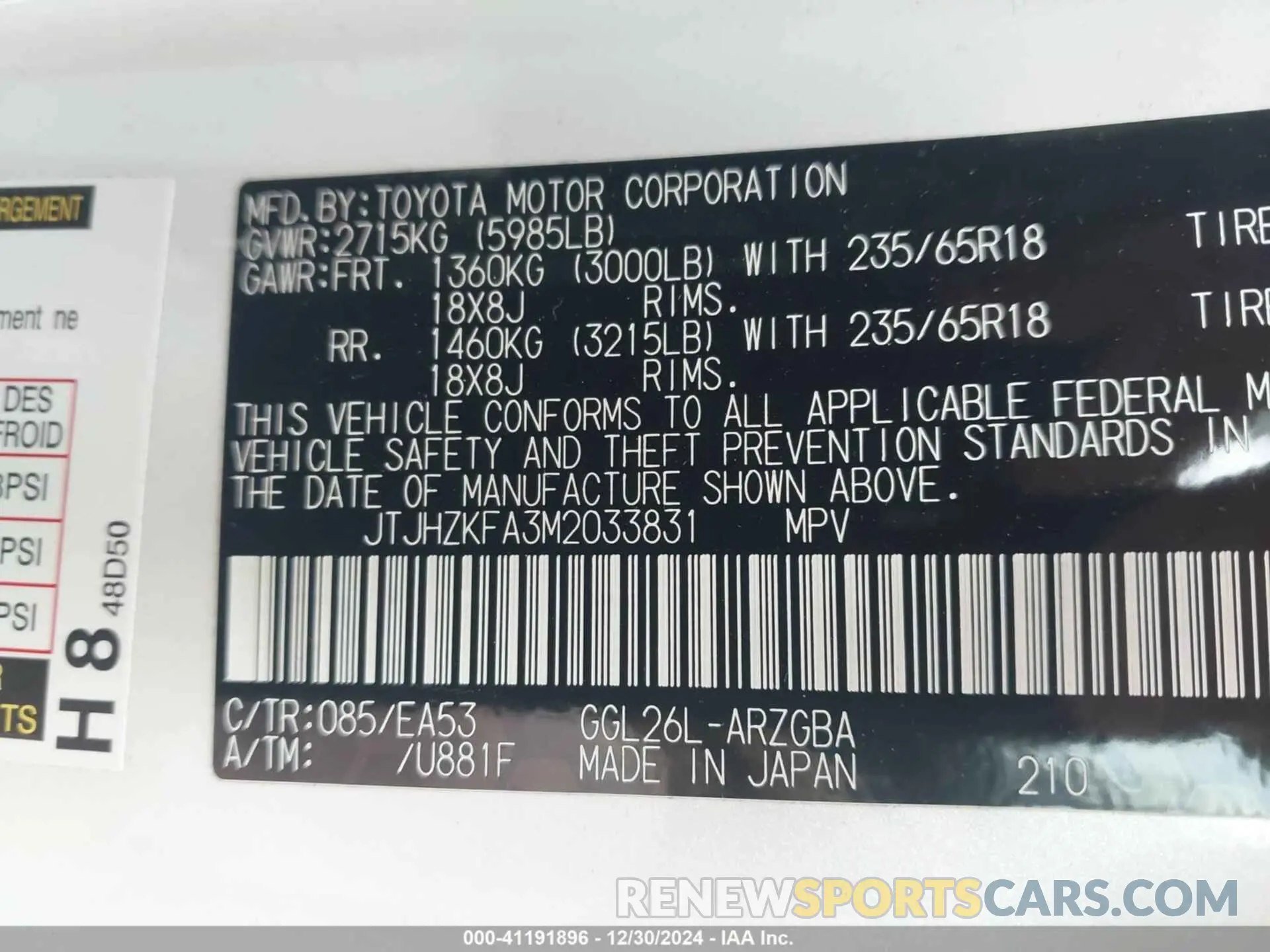 9 fotografías del automóvil dañado JTJHZKFA3M2033831 LEXUS RX 350L 2021