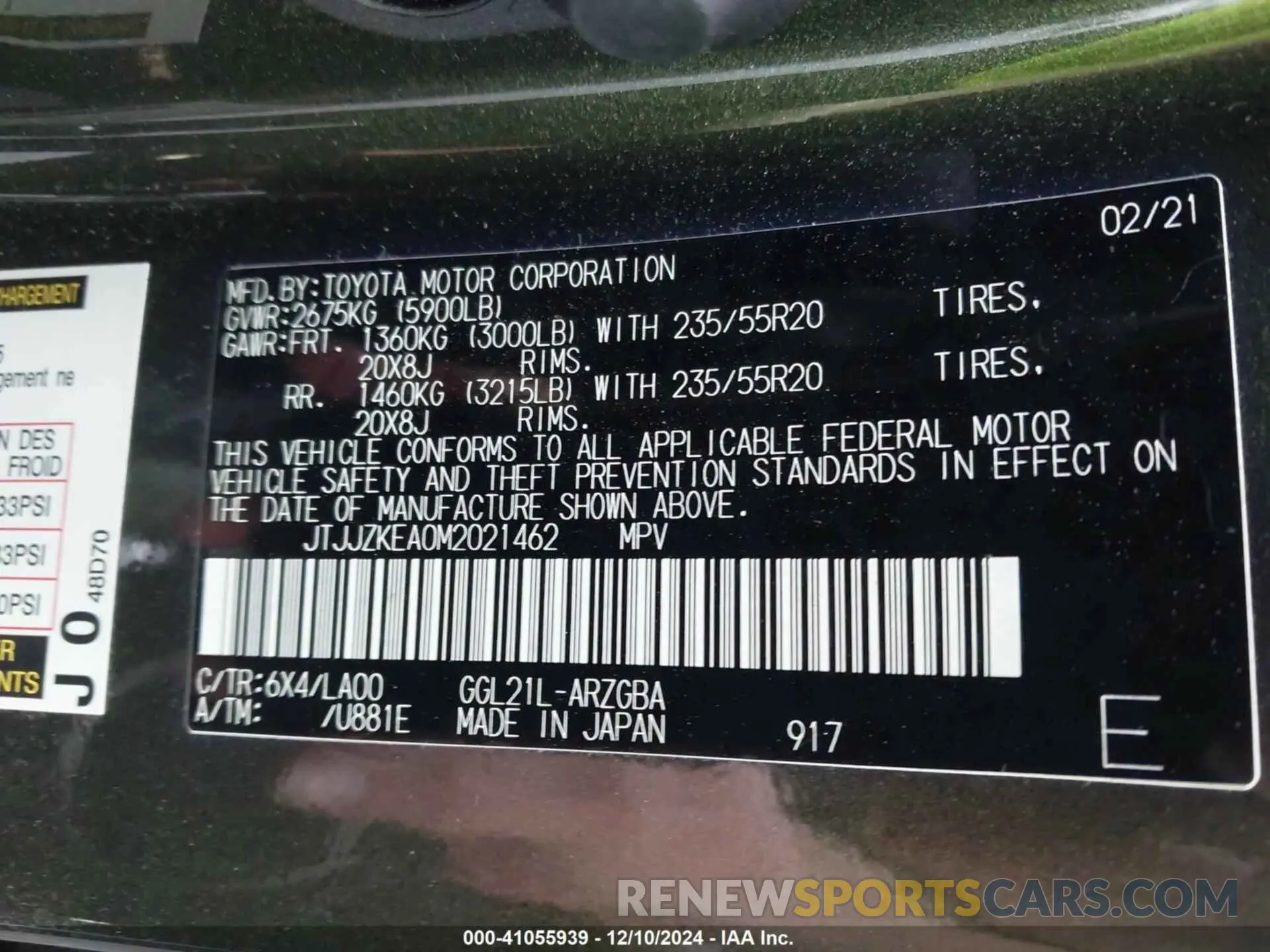 9 fotografías del automóvil dañado JTJJZKEA0M2021462 LEXUS RX 350L 2021