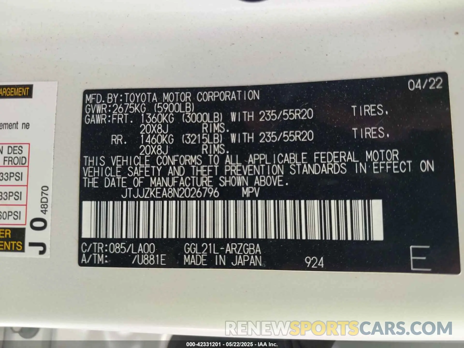9 fotografías del automóvil dañado JTJJZKEA8N2026796 LEXUS RX 350L 2022