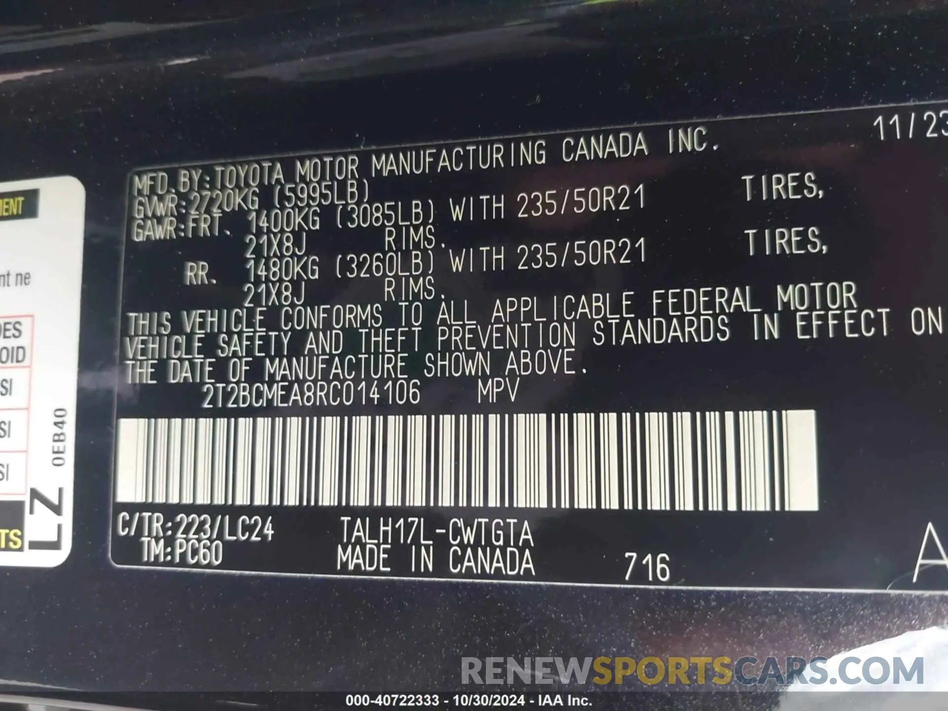 9 fotografías del automóvil dañado 2T2BCMEA8RC014106 LEXUS RX 500H 2024