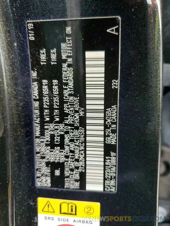13 fotografías del automóvil dañado 2T2BZMCA1KC184587 LEXUS RX350 2019