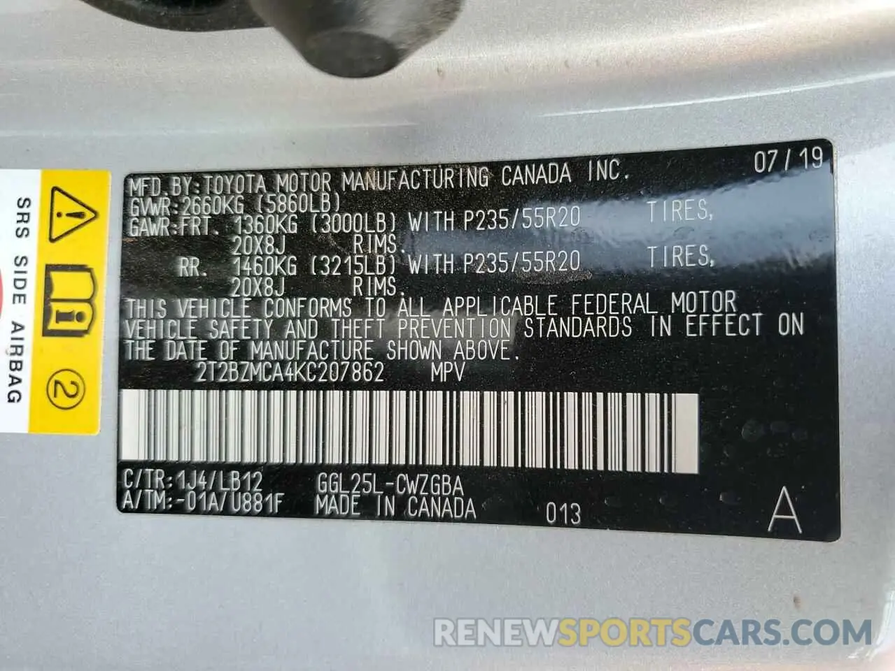 12 fotografías del automóvil dañado 2T2BZMCA4KC207862 LEXUS RX350 2019