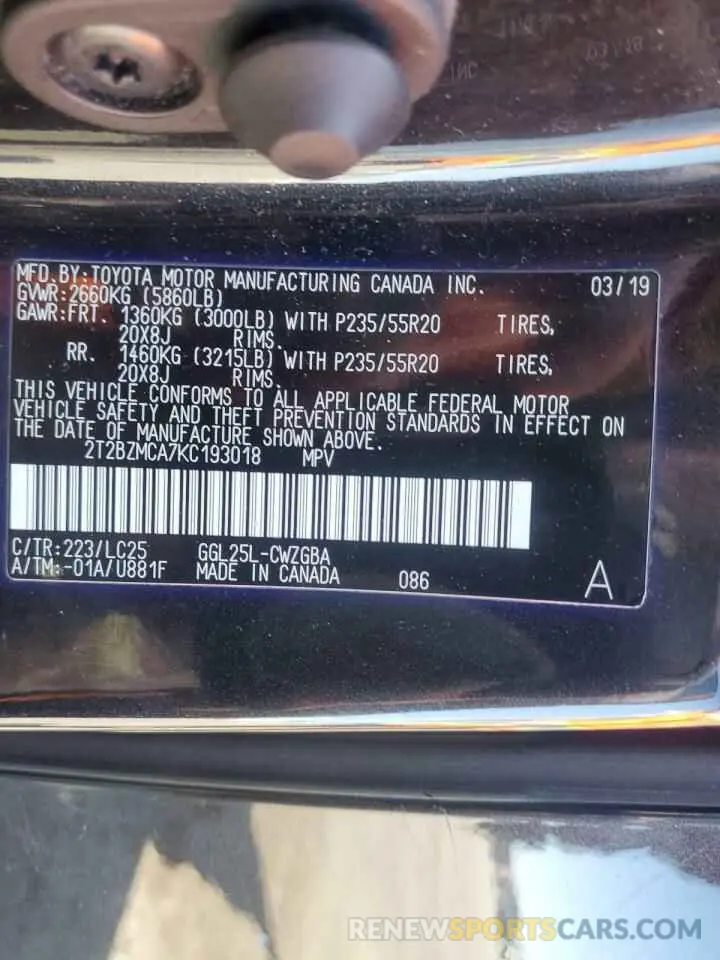 13 fotografías del automóvil dañado 2T2BZMCA7KC193018 LEXUS RX350 2019