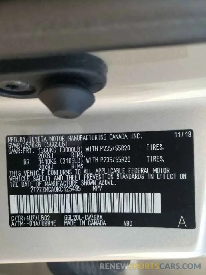 10 fotografías del automóvil dañado 2T2ZZMCA0KC125495 LEXUS RX350 2019