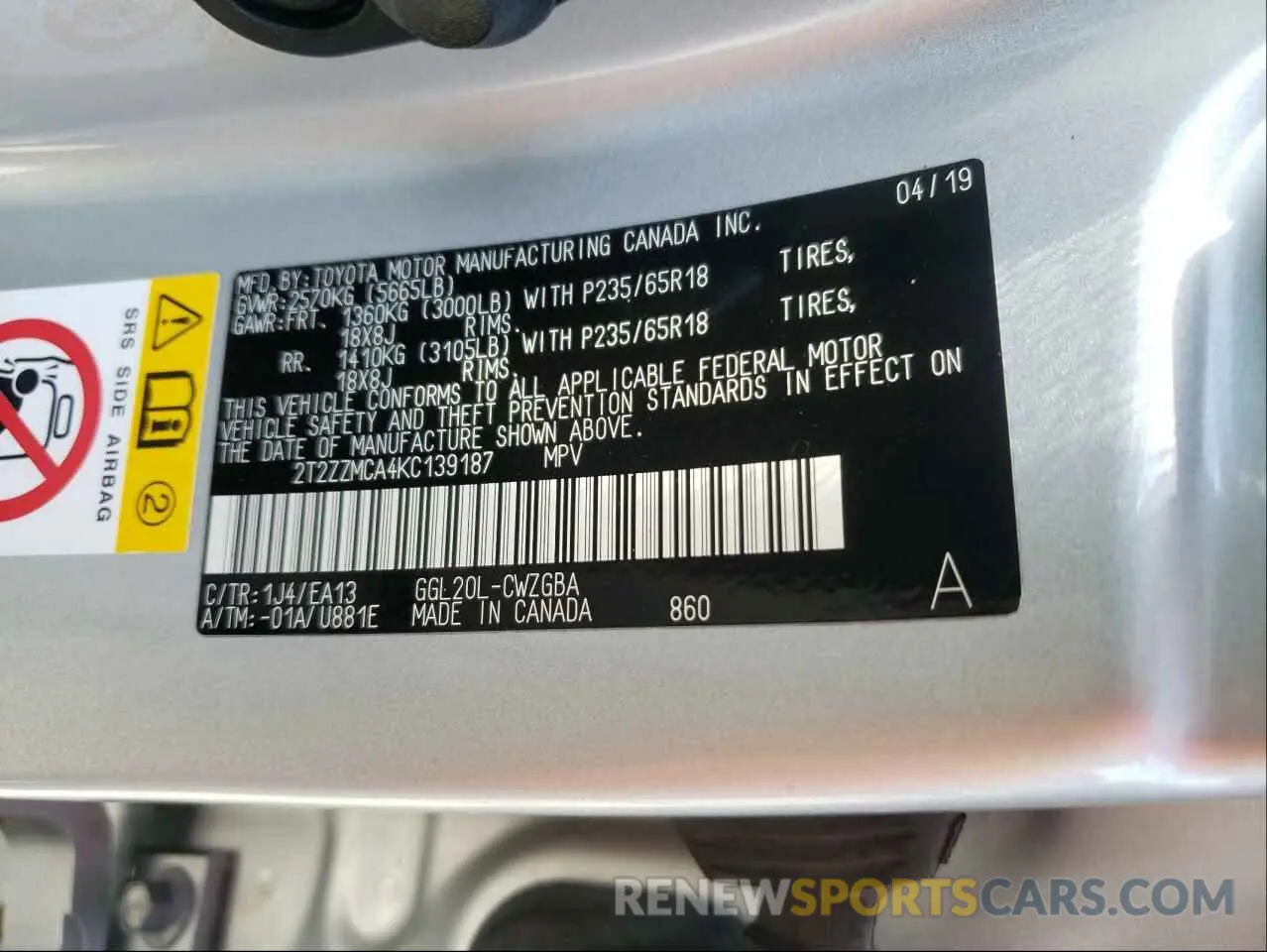 10 fotografías del automóvil dañado 2T2ZZMCA4KC139187 LEXUS RX350 2019