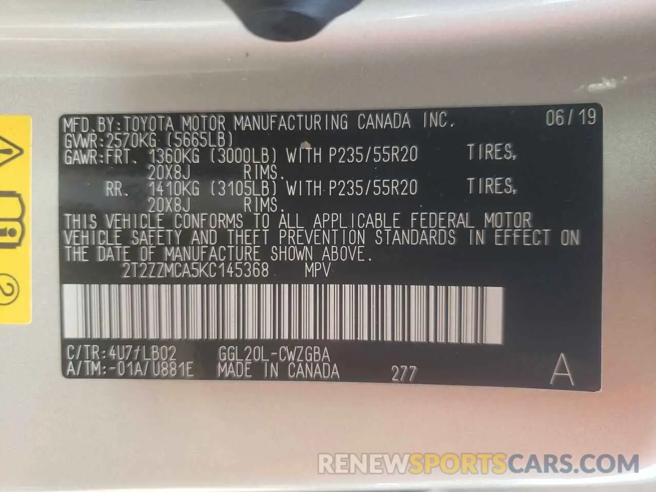 10 fotografías del automóvil dañado 2T2ZZMCA5KC145368 LEXUS RX350 2019