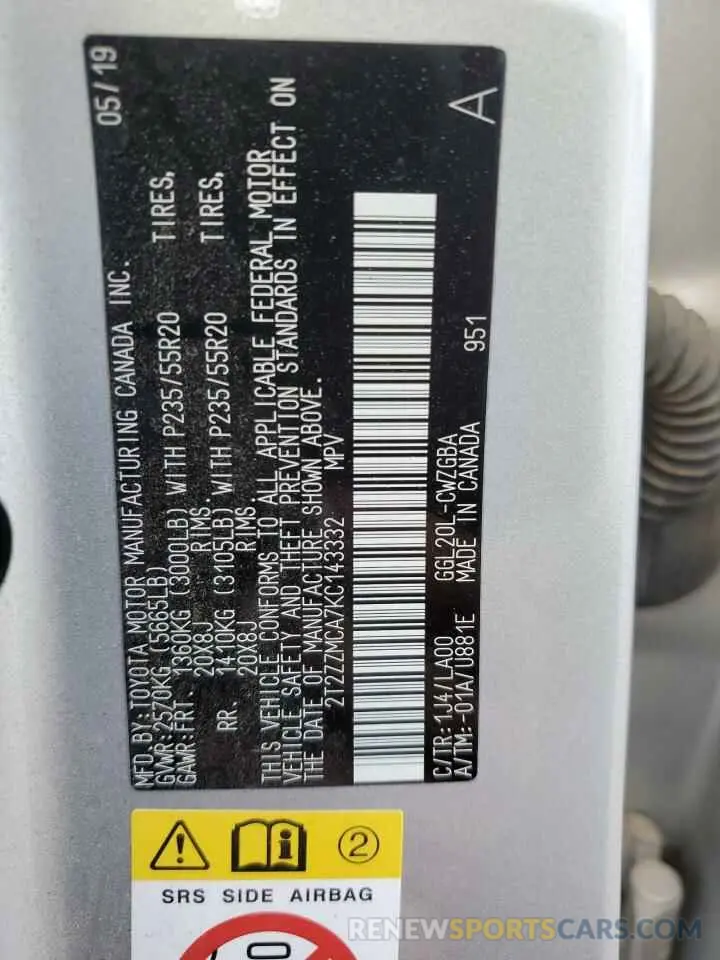 13 fotografías del automóvil dañado 2T2ZZMCA7KC143332 LEXUS RX350 2019