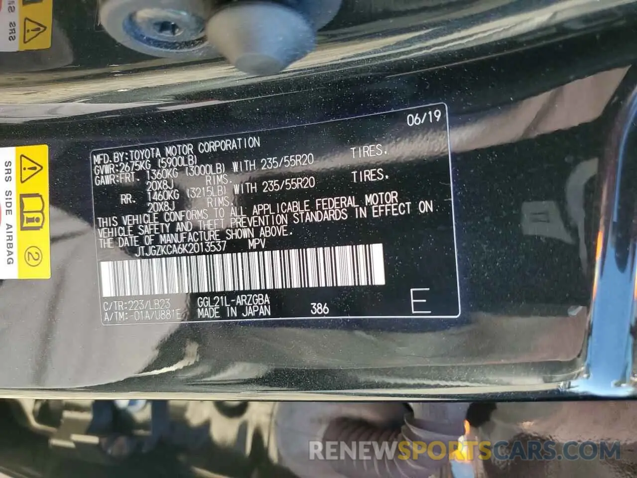 13 fotografías del automóvil dañado JTJGZKCA6K2013537 LEXUS RX350 2019