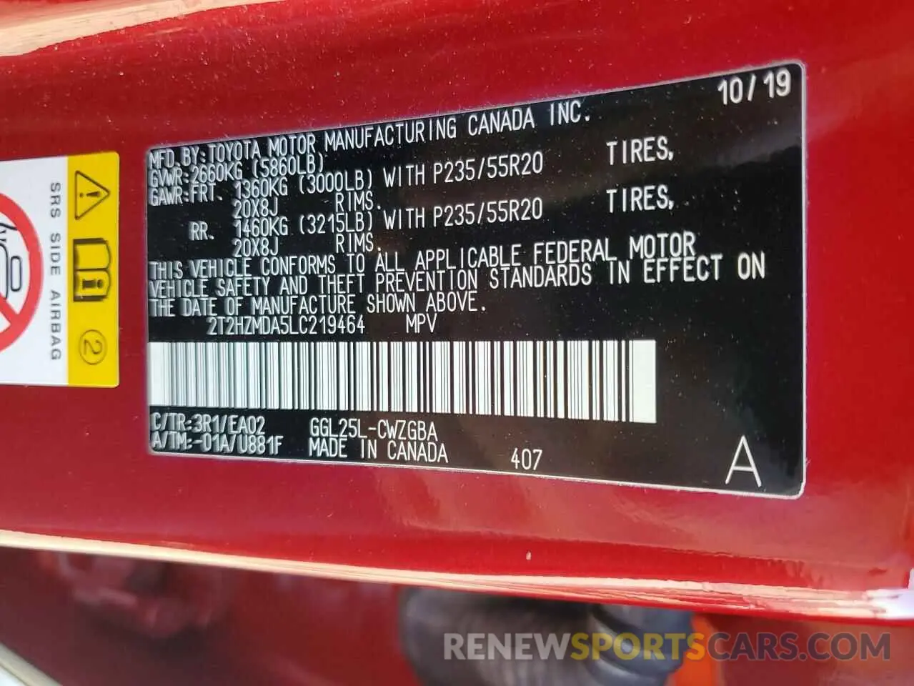 13 fotografías del automóvil dañado 2T2HZMDA5LC219464 LEXUS RX350 2020