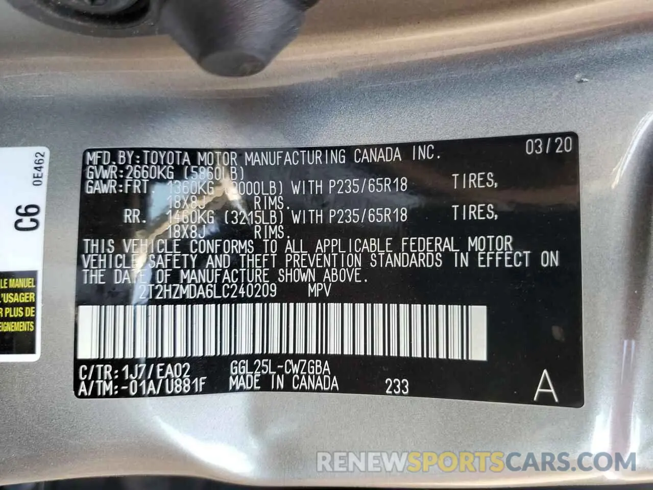 10 fotografías del automóvil dañado 2T2HZMDA6LC240209 LEXUS RX350 2020