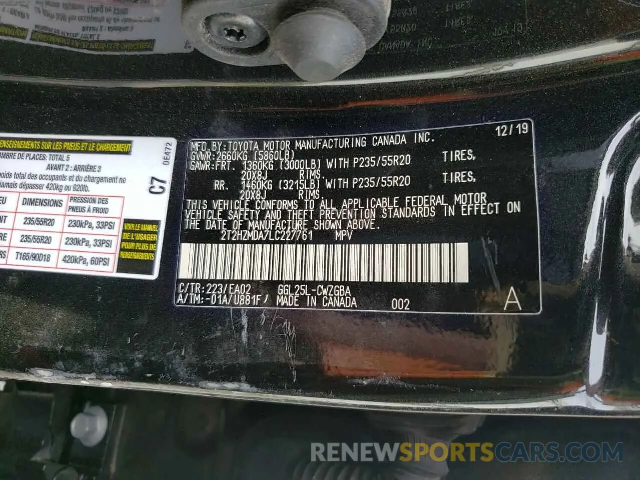 10 fotografías del automóvil dañado 2T2HZMDA7LC227761 LEXUS RX350 2020