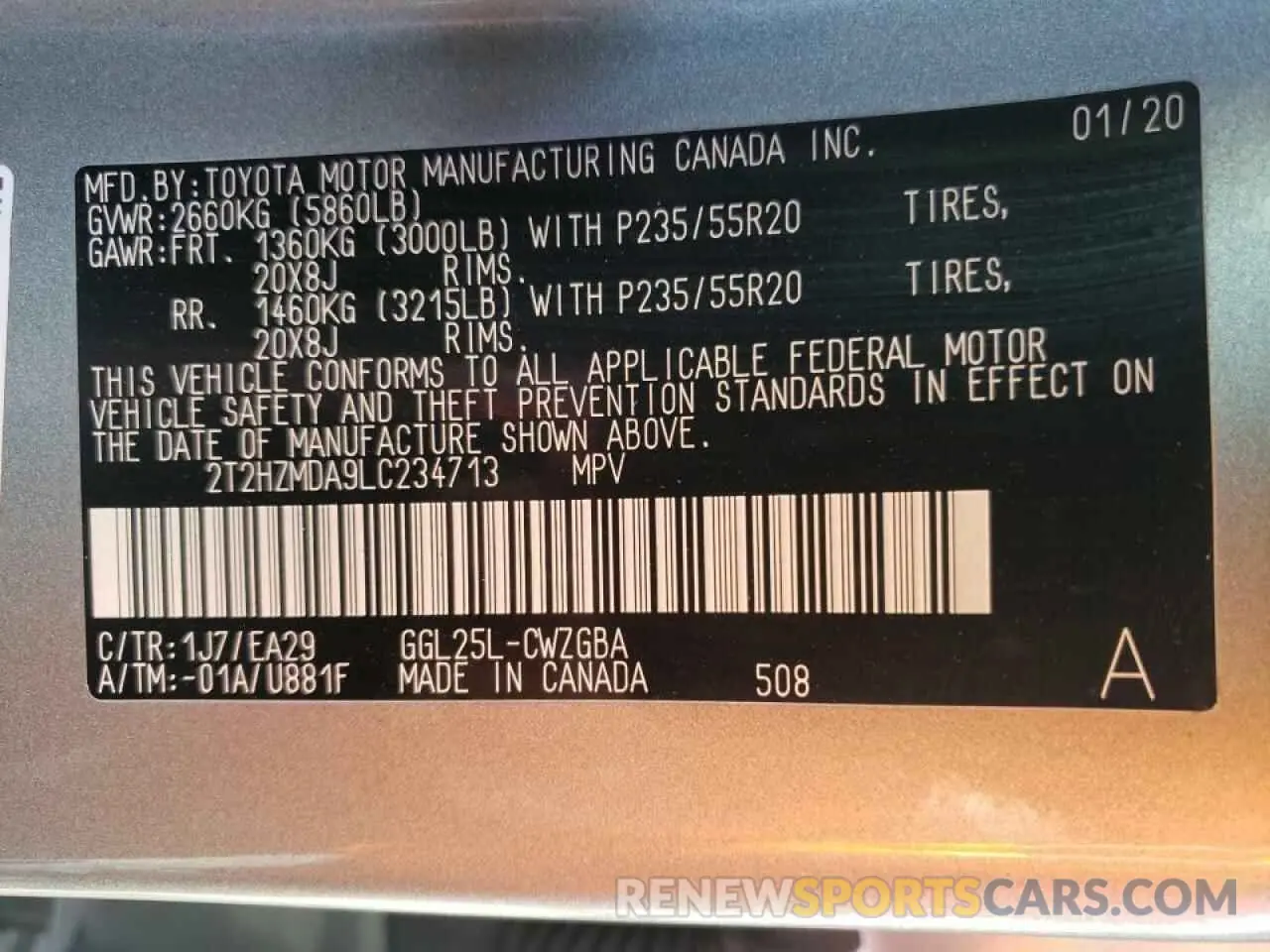 10 fotografías del automóvil dañado 2T2HZMDA9LC234713 LEXUS RX350 2020