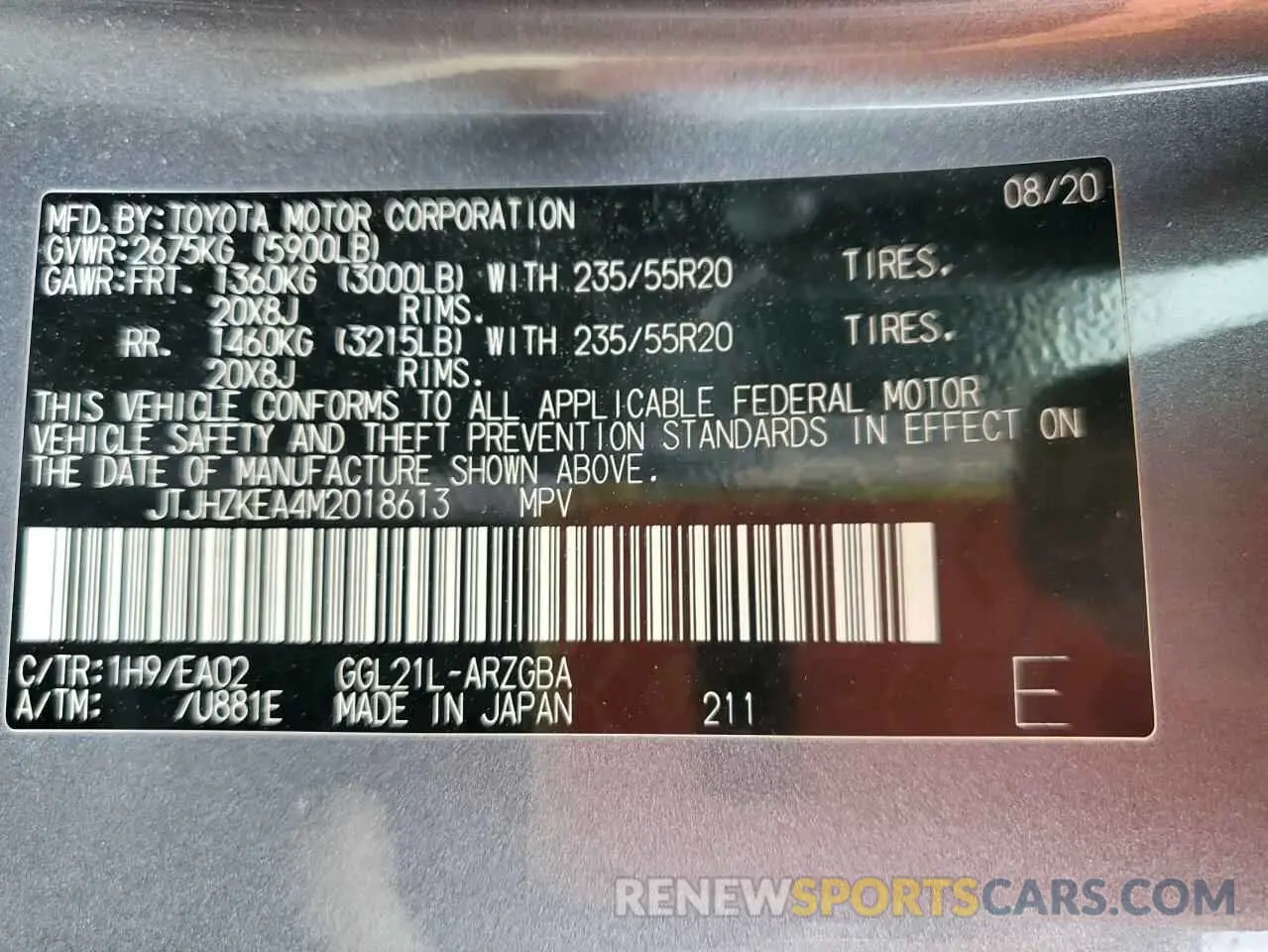 13 fotografías del automóvil dañado JTJHZKEA4M2018613 LEXUS RX350 2021