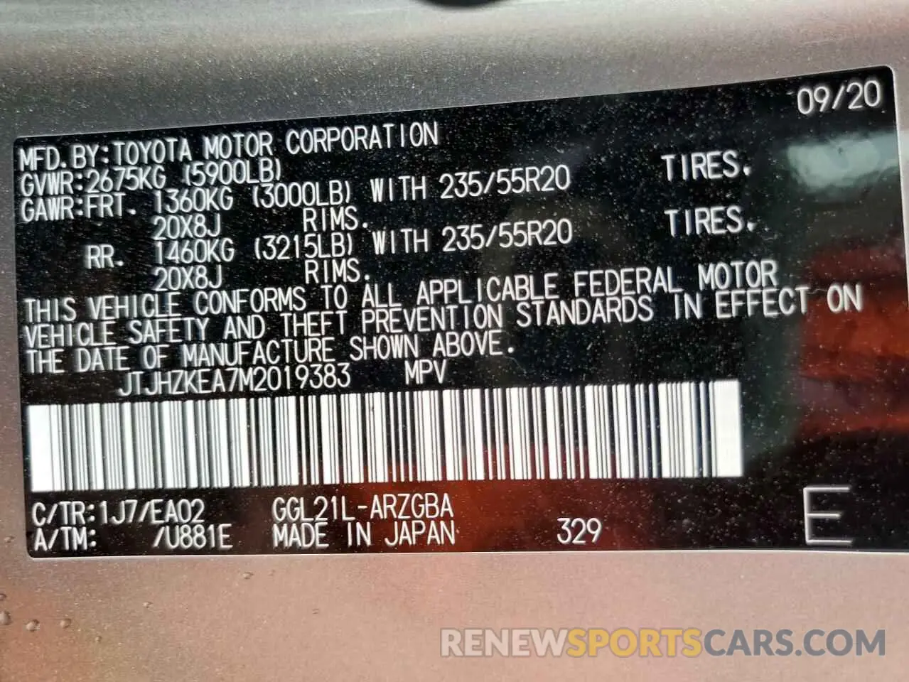 10 fotografías del automóvil dañado JTJHZKEA7M2019383 LEXUS RX350 2021