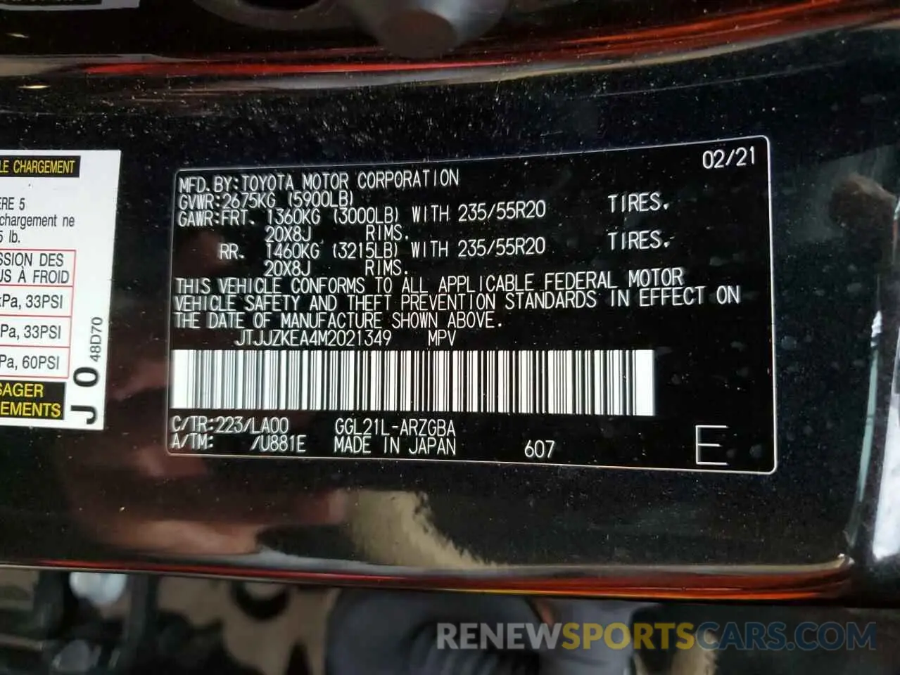 10 fotografías del automóvil dañado JTJJZKEA4M2021349 LEXUS RX350 2021
