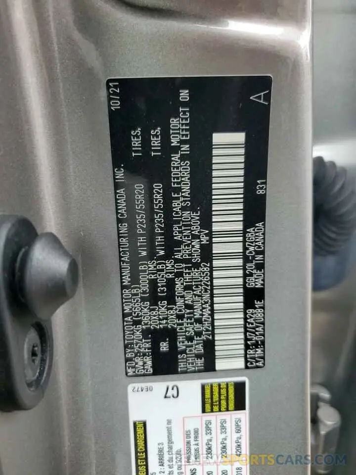 13 fotografías del automóvil dañado 2T2HZMAA3NC226582 LEXUS RX350 2022