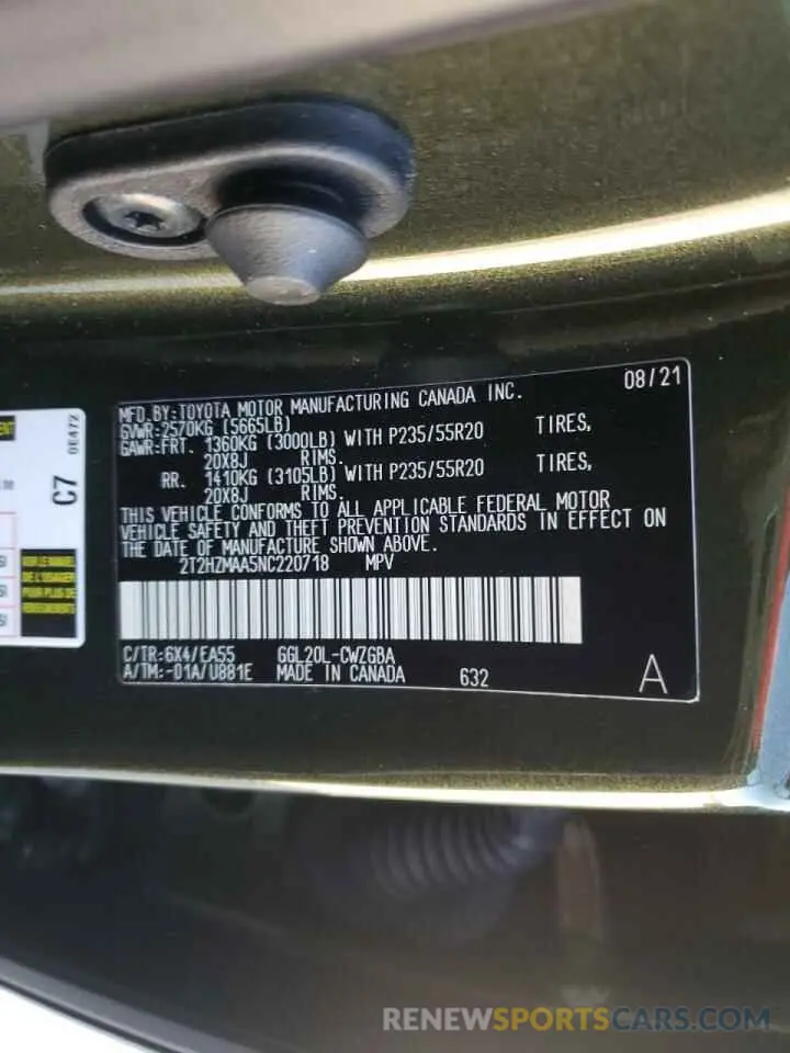 10 fotografías del automóvil dañado 2T2HZMAA5NC220718 LEXUS RX350 2022