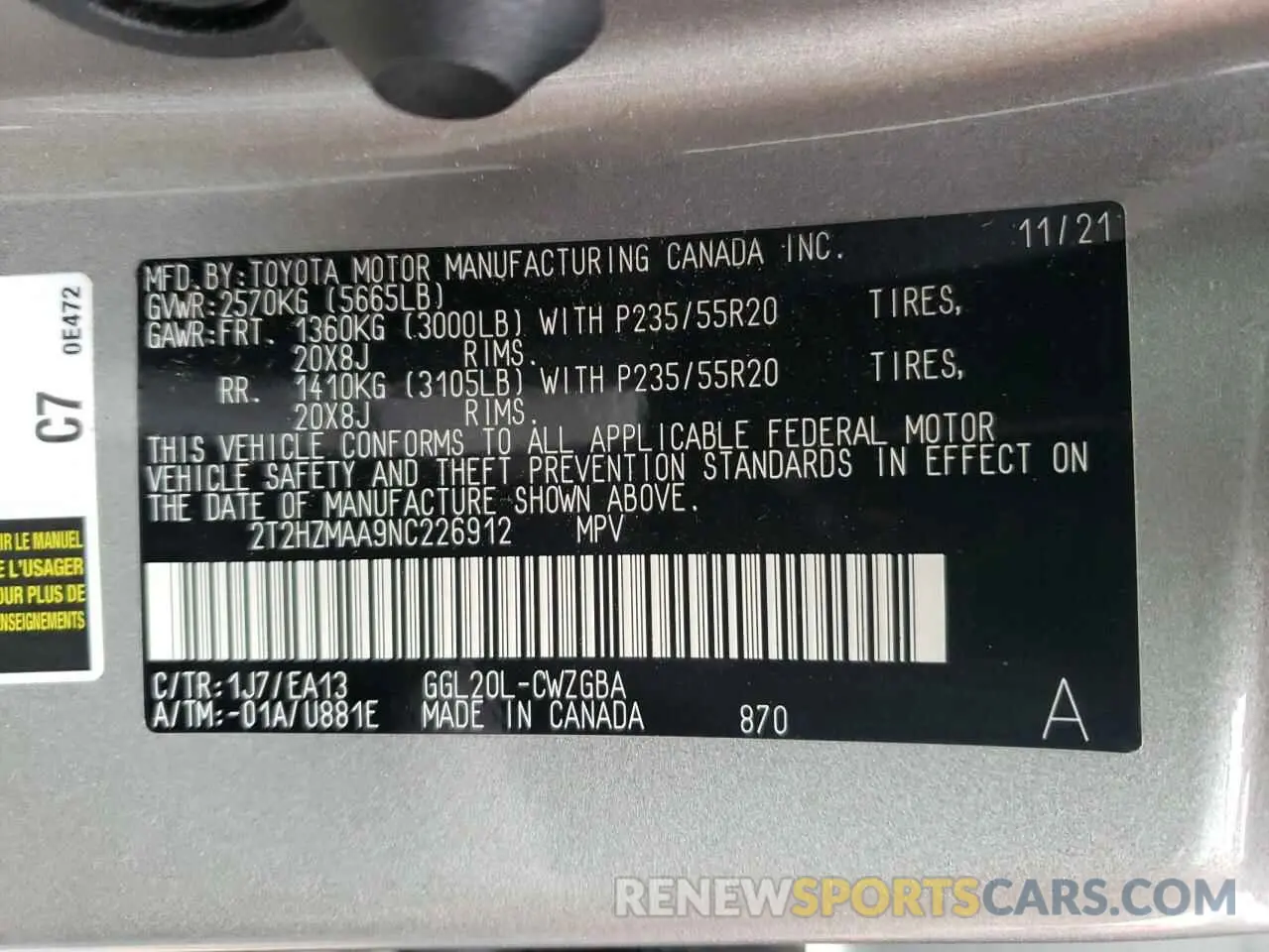 12 fotografías del automóvil dañado 2T2HZMAA9NC226912 LEXUS RX350 2022