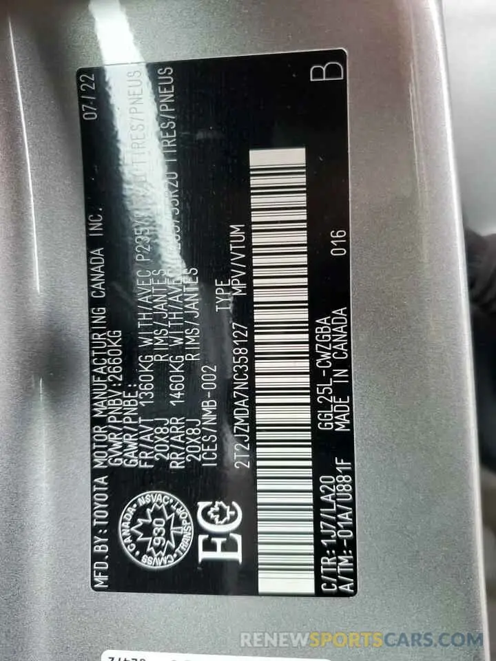 12 fotografías del automóvil dañado 2T2JZMDA7NC358127 LEXUS RX350 2022