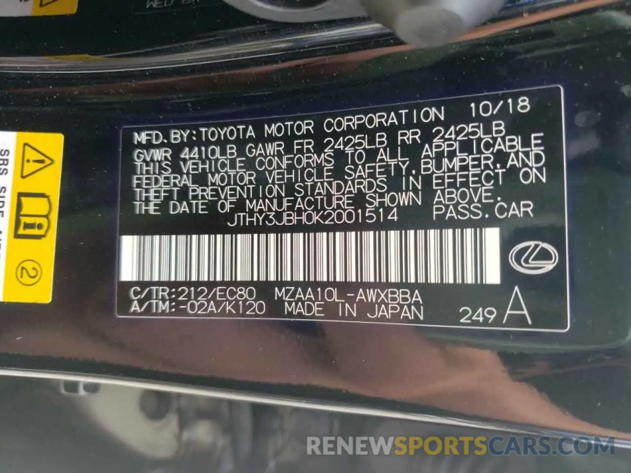 10 fotografías del automóvil dañado JTHY3JBH0K2001514 LEXUS UX 200 2019
