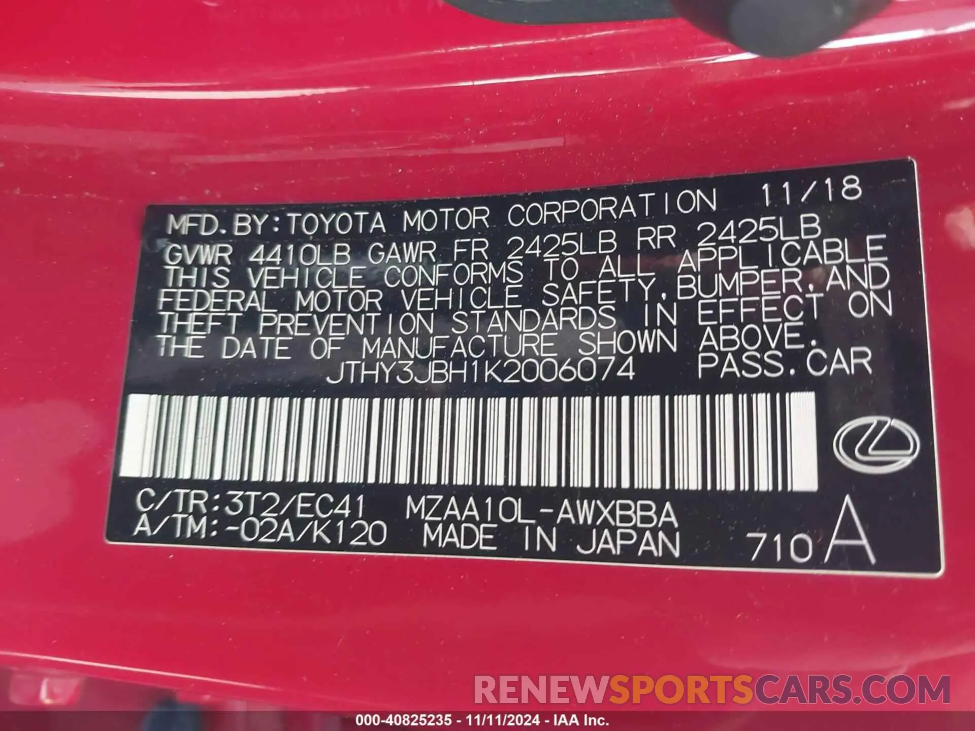9 fotografías del automóvil dañado JTHY3JBH1K2006074 LEXUS UX 200 2019