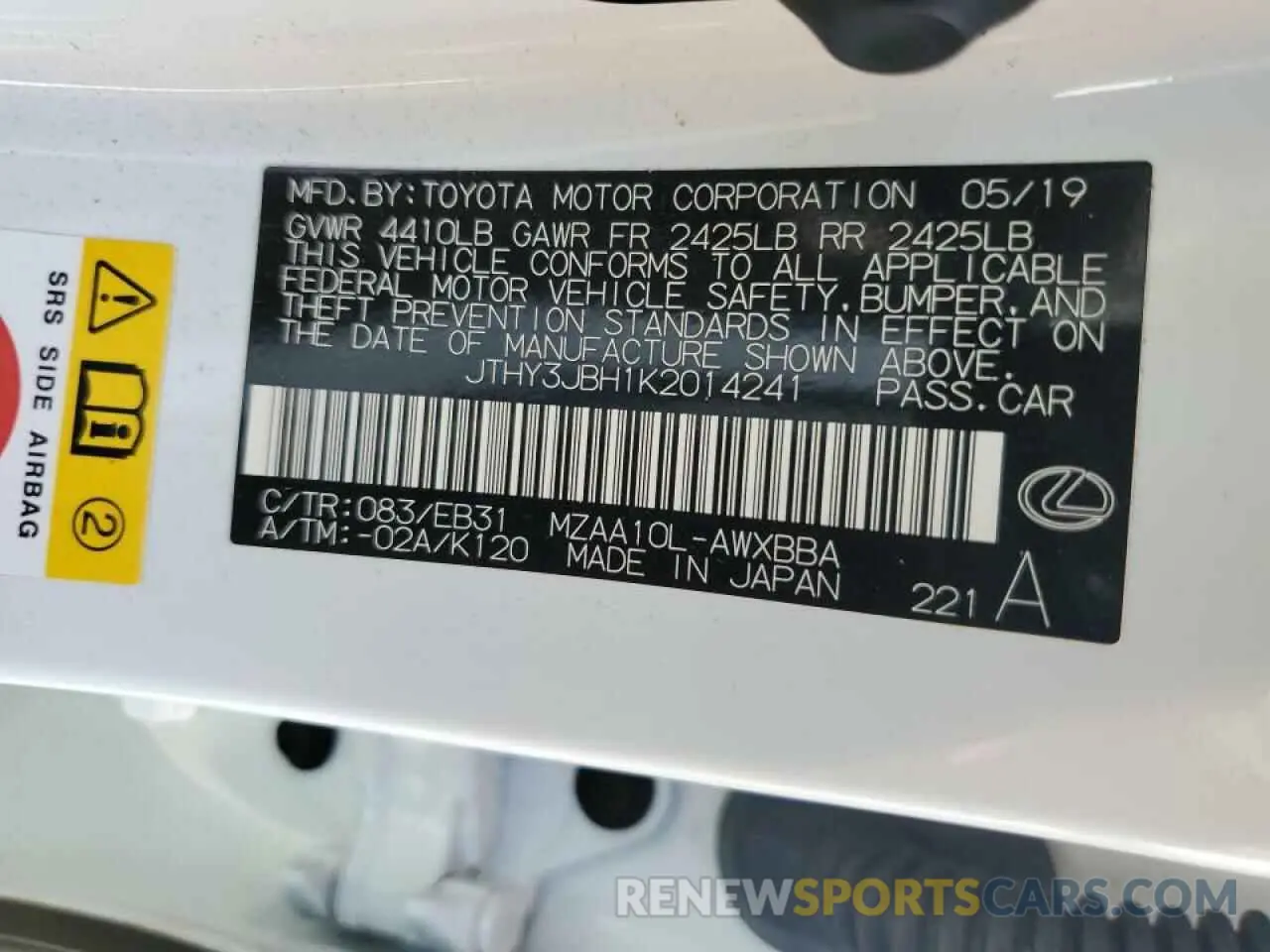 10 fotografías del automóvil dañado JTHY3JBH1K2014241 LEXUS UX 200 2019