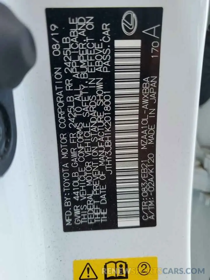 14 fotografías del automóvil dañado JTHY3JBH1K2018001 LEXUS UX 200 2019