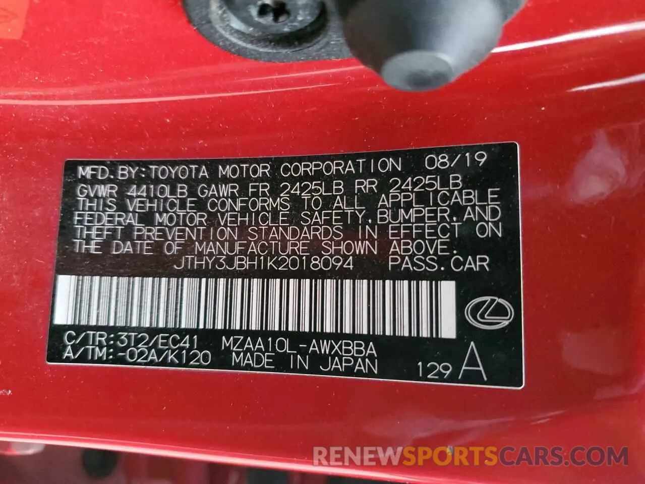 12 fotografías del automóvil dañado JTHY3JBH1K2018094 LEXUS UX 200 2019