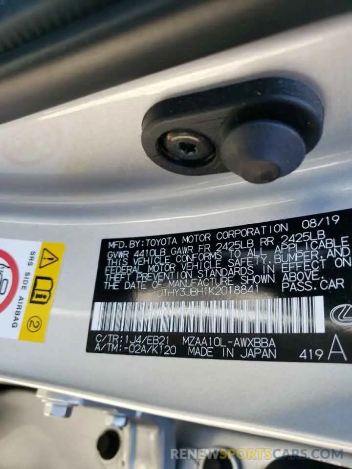 10 fotografías del automóvil dañado JTHY3JBH1K2018841 LEXUS UX 200 2019