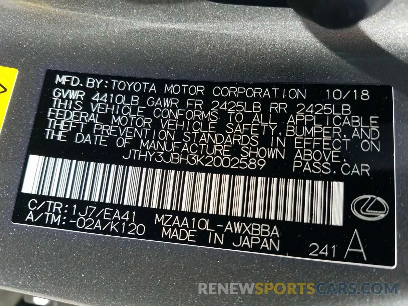 10 fotografías del automóvil dañado JTHY3JBH3K2002589 LEXUS UX 200 2019