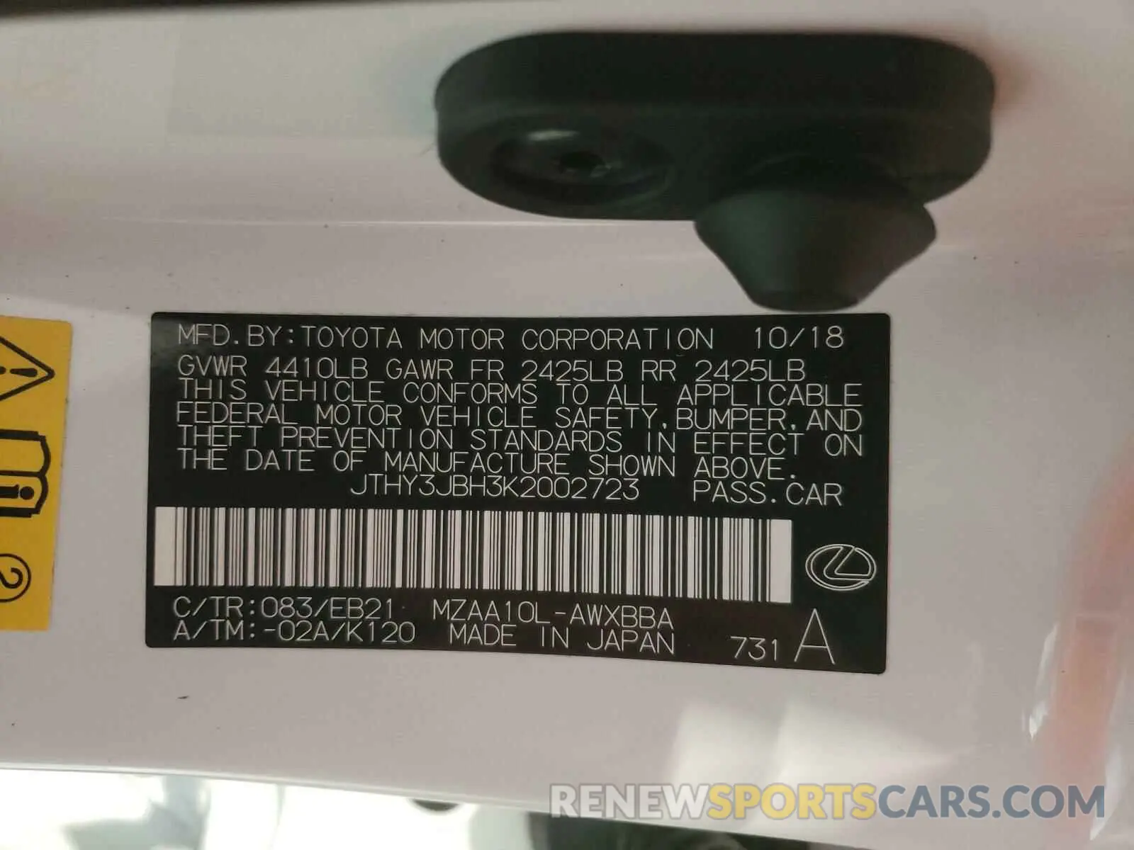 10 fotografías del automóvil dañado JTHY3JBH3K2002723 LEXUS UX 200 2019