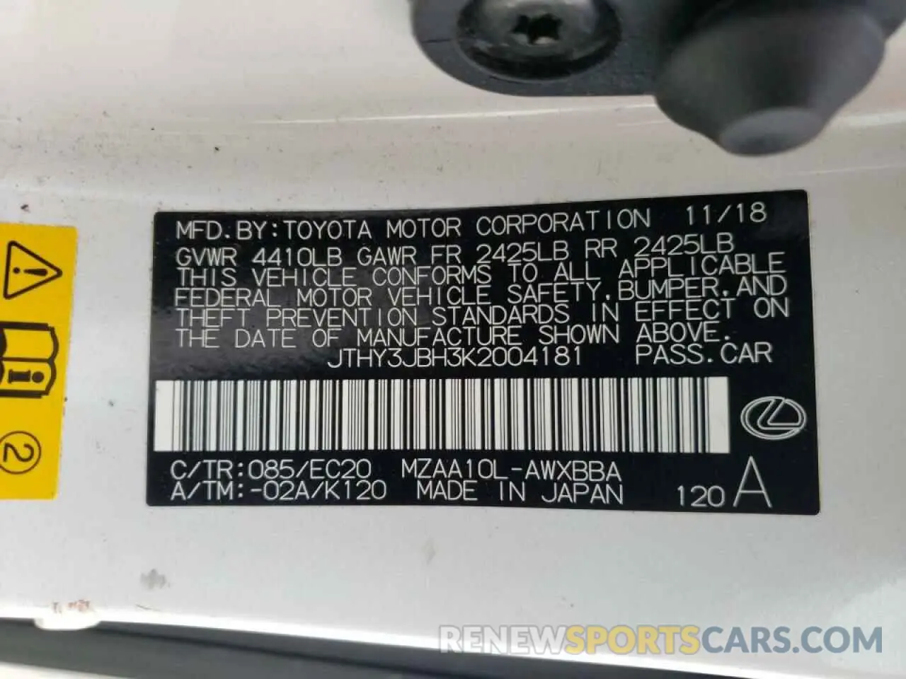 10 fotografías del automóvil dañado JTHY3JBH3K2004181 LEXUS UX 200 2019