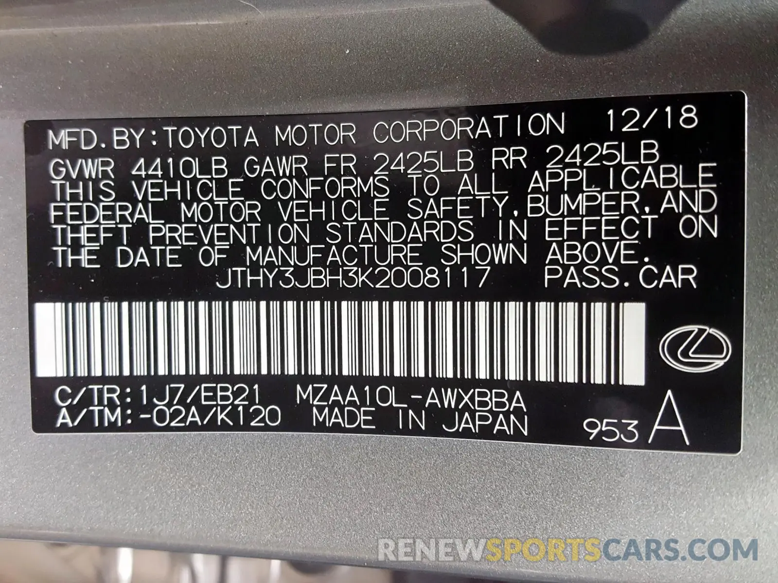 10 fotografías del automóvil dañado JTHY3JBH3K2008117 LEXUS UX 200 2019