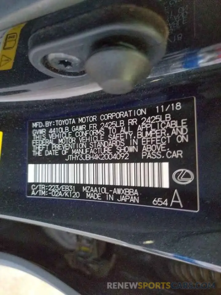 10 fotografías del automóvil dañado JTHY3JBH4K2004092 LEXUS UX 200 2019
