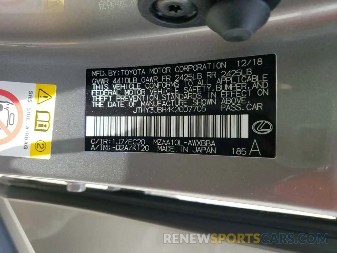 10 fotografías del automóvil dañado JTHY3JBH4K2007705 LEXUS UX 200 2019