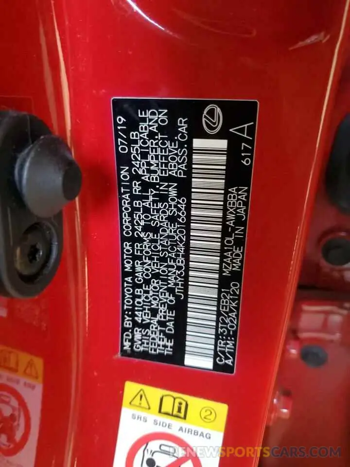 12 fotografías del automóvil dañado JTHY3JBH4K2016646 LEXUS UX 200 2019