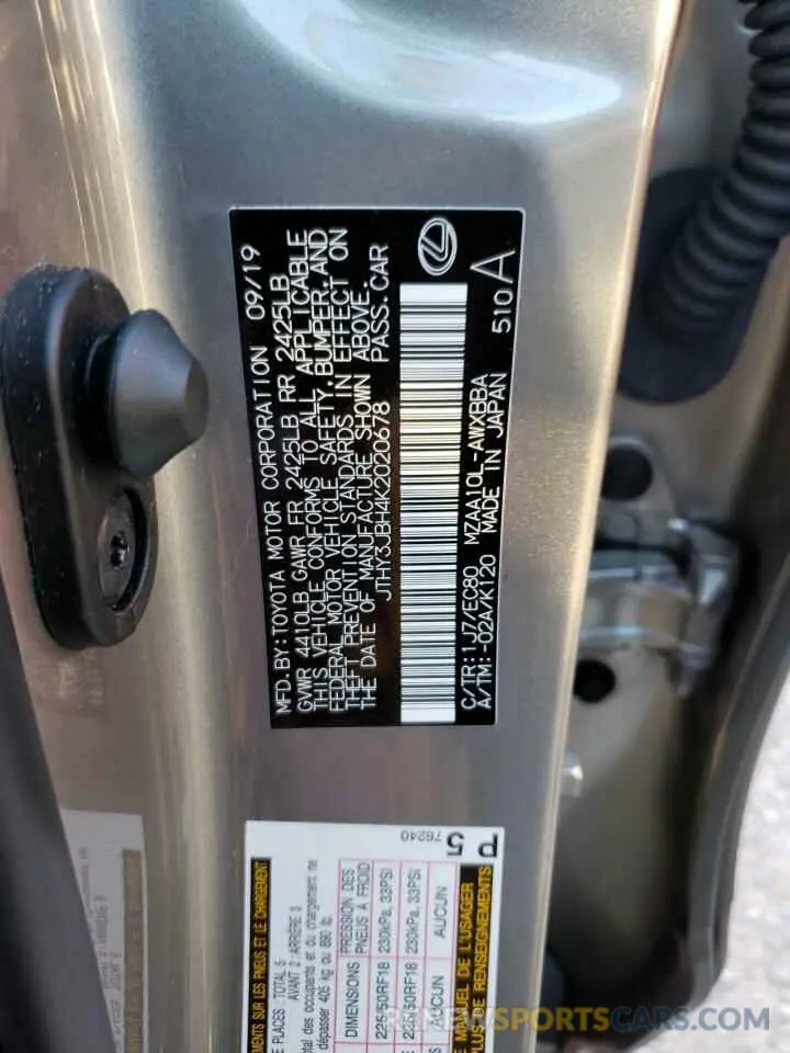 10 fotografías del automóvil dañado JTHY3JBH4K2020678 LEXUS UX 200 2019