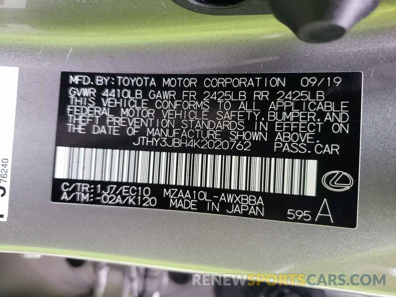 10 fotografías del automóvil dañado JTHY3JBH4K2020762 LEXUS UX 200 2019