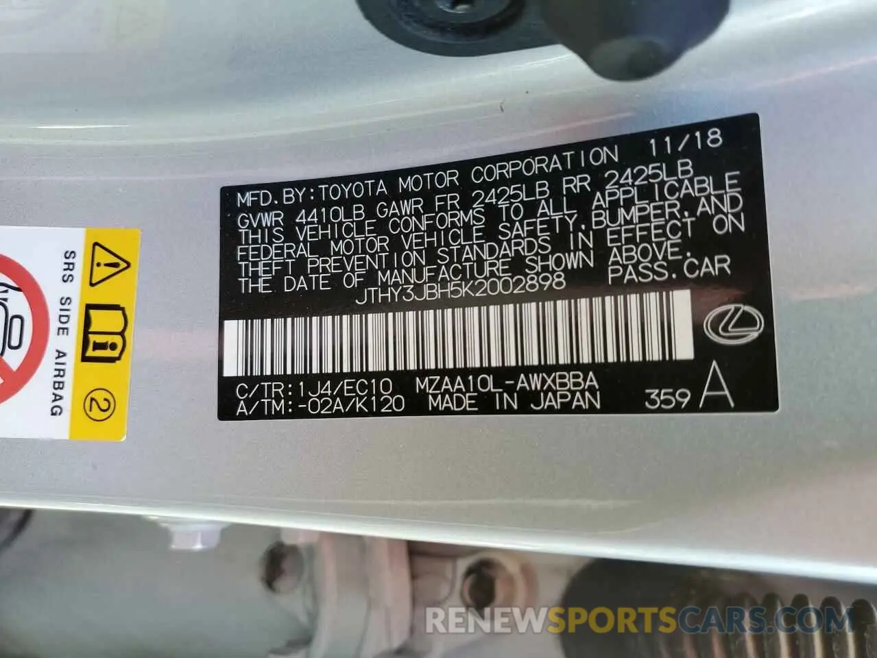 10 fotografías del automóvil dañado JTHY3JBH5K2002898 LEXUS UX 200 2019