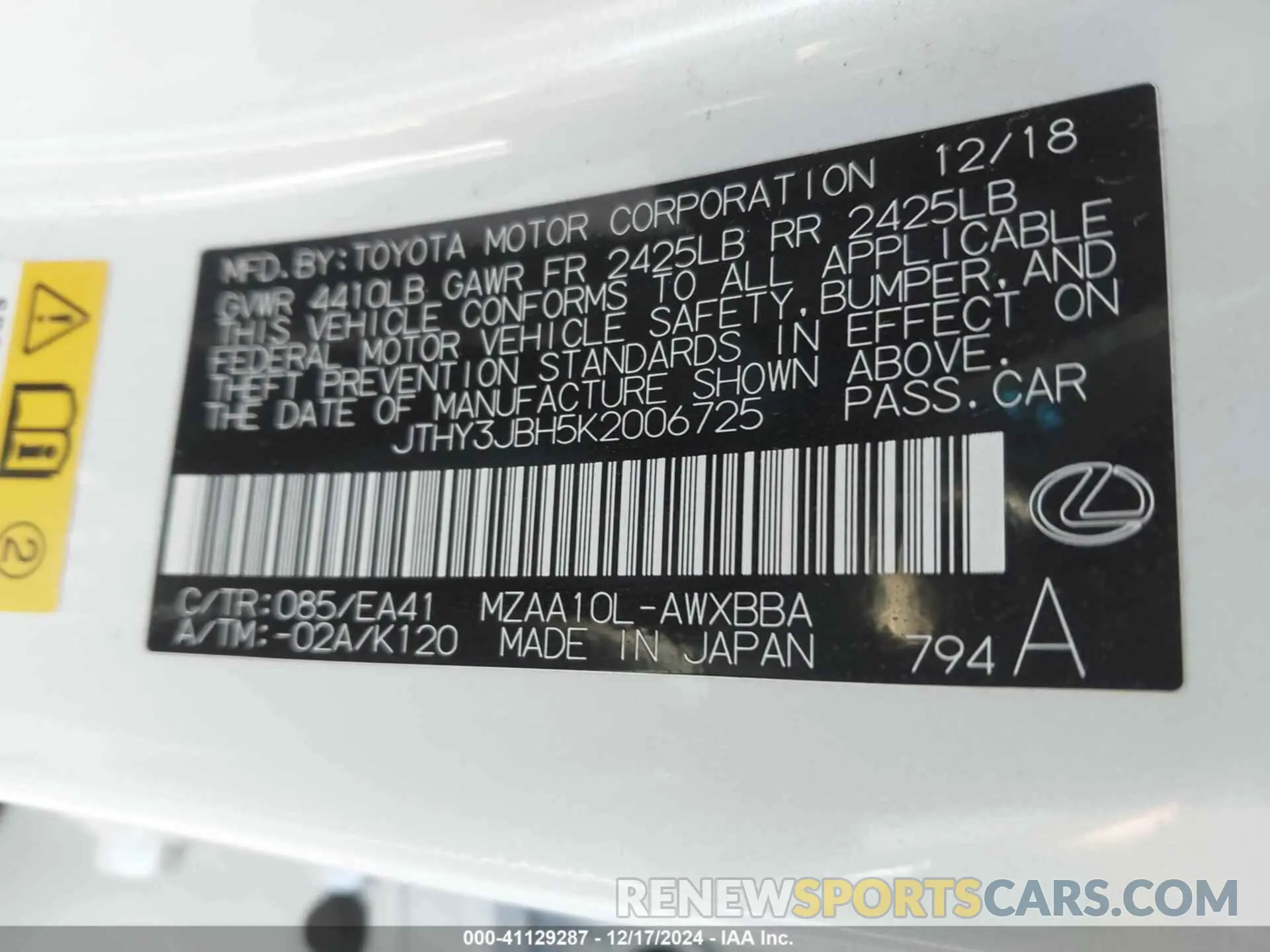 9 fotografías del automóvil dañado JTHY3JBH5K2006725 LEXUS UX 200 2019