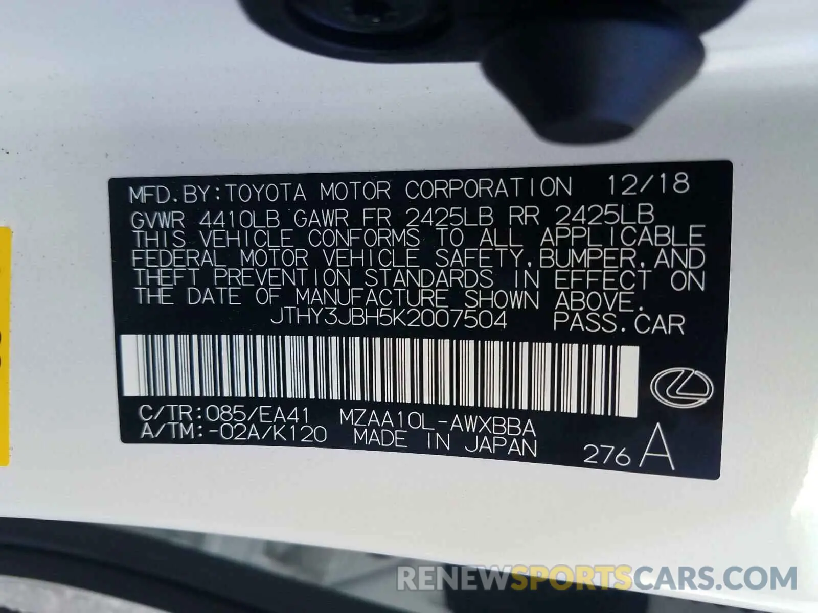 10 fotografías del automóvil dañado JTHY3JBH5K2007504 LEXUS UX 200 2019
