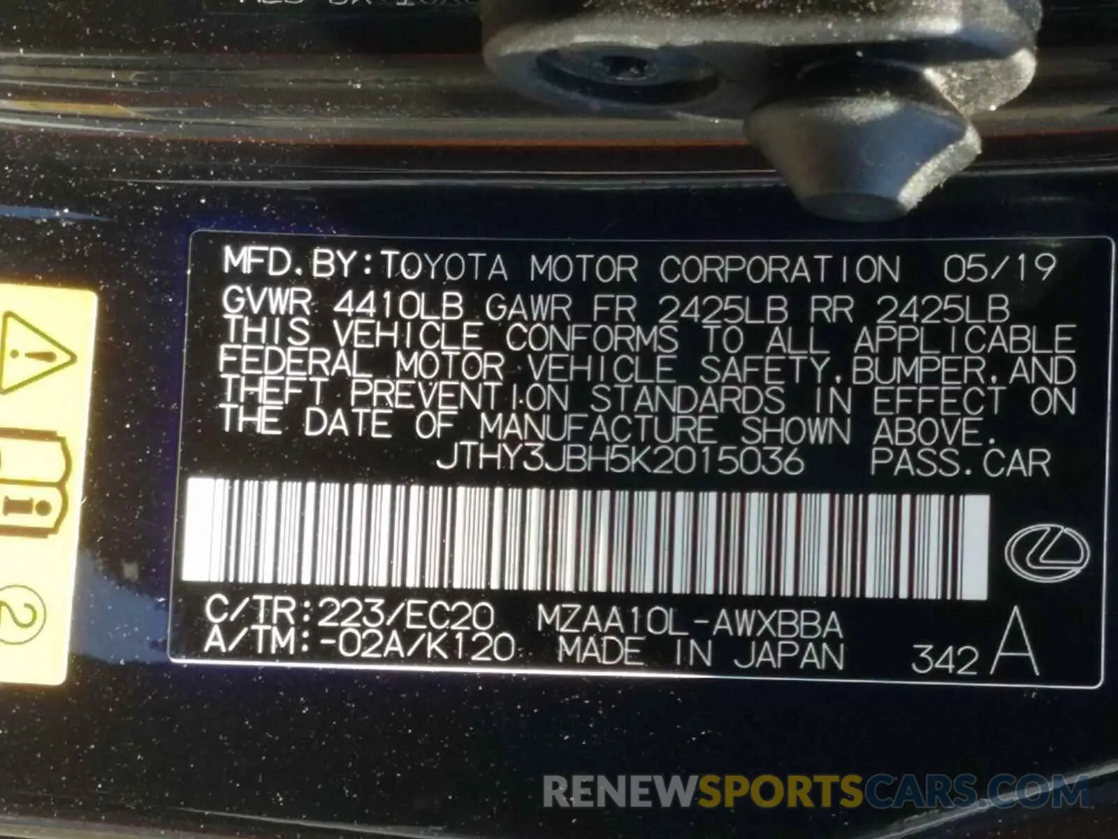 10 fotografías del automóvil dañado JTHY3JBH5K2015036 LEXUS UX 200 2019