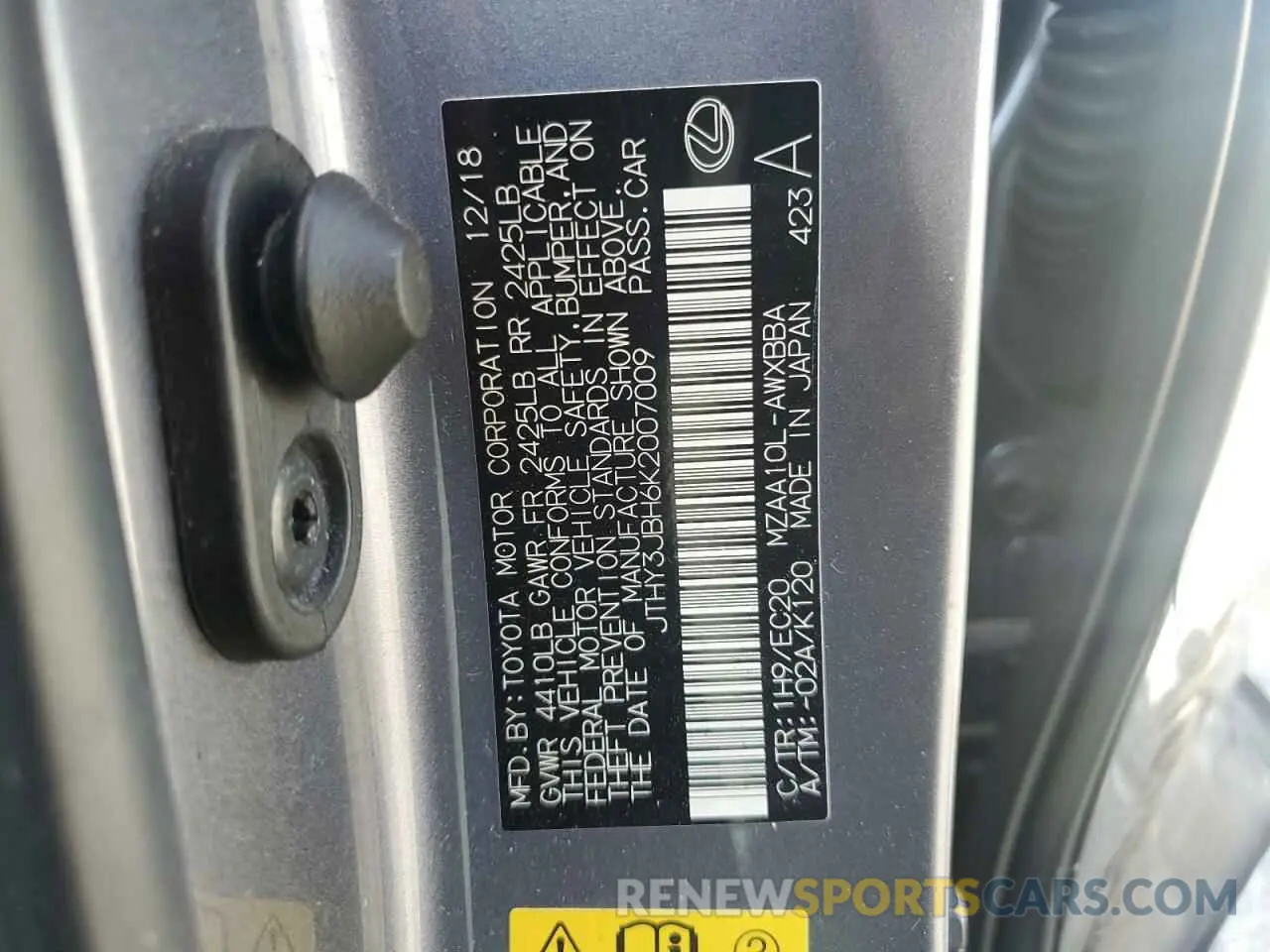 12 fotografías del automóvil dañado JTHY3JBH6K2007009 LEXUS UX 200 2019