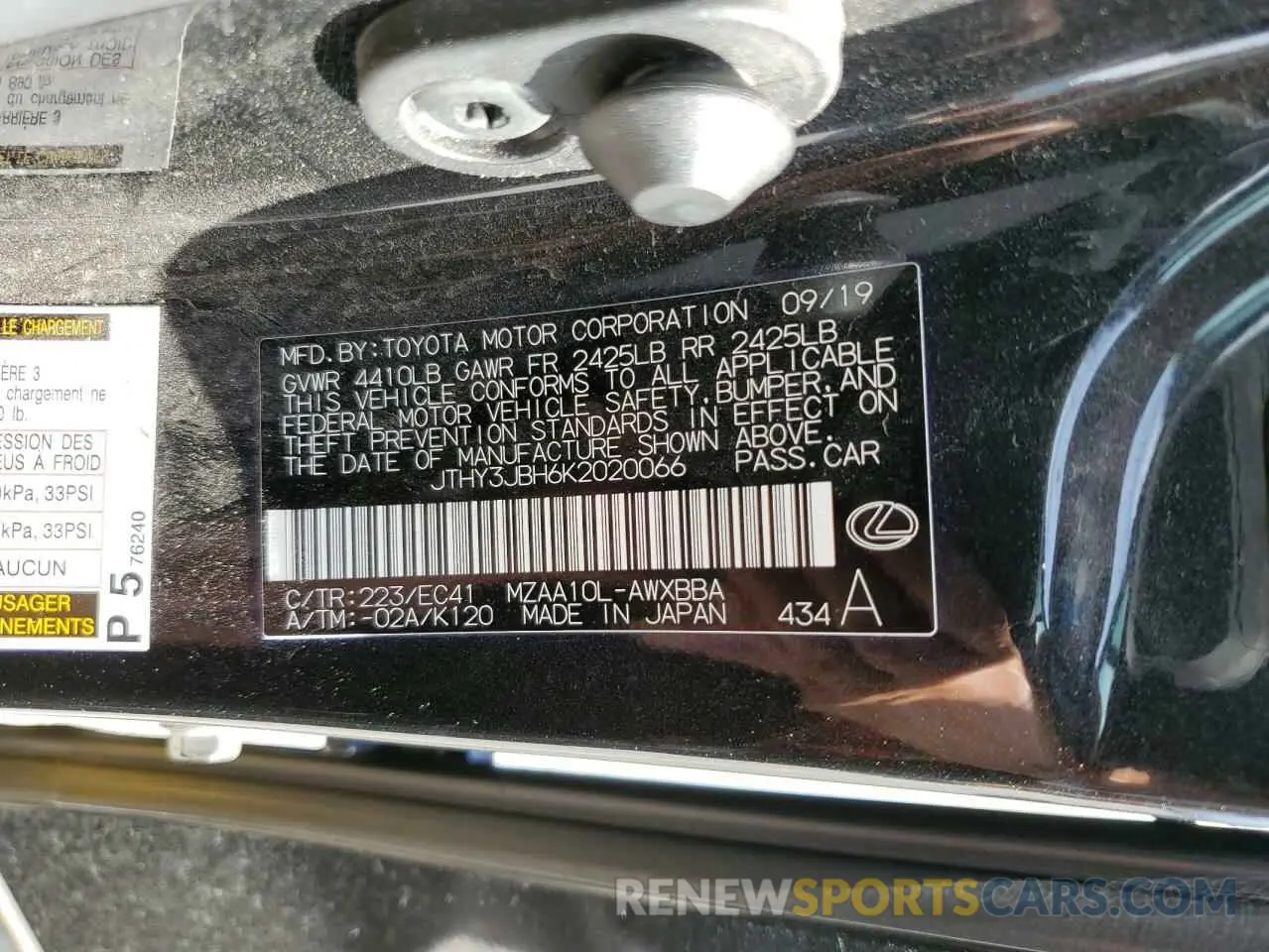 10 fotografías del automóvil dañado JTHY3JBH6K2020066 LEXUS UX 200 2019