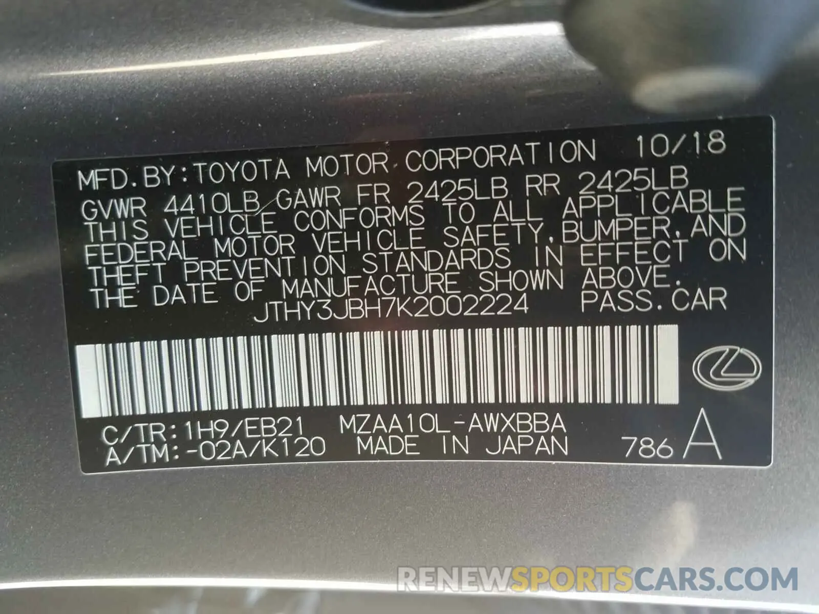 10 fotografías del automóvil dañado JTHY3JBH7K2002224 LEXUS UX 200 2019